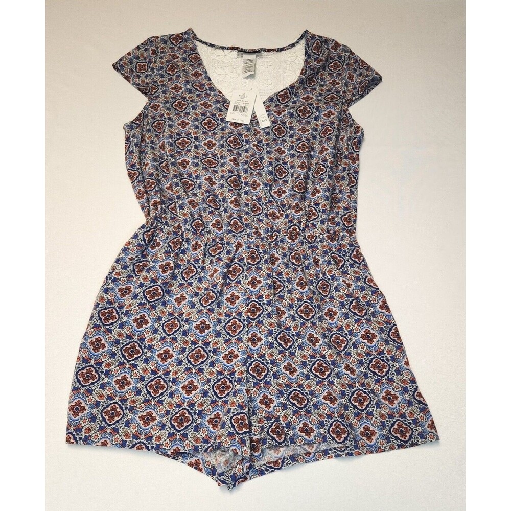 Womens Romper Shorts Joe B V Neck Size L Blue/Coral/White Floral Crochet Back